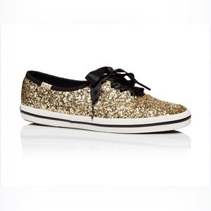 Keds X Kate Spade New York Women Gold Glitter Lace-Up Sneakers Black Lace Size 8